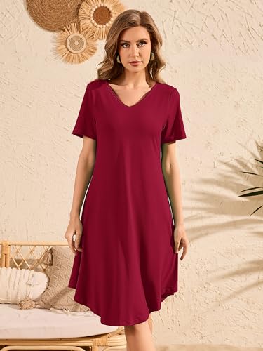 Image of DEARCASE Summer Dresses for Women V-Neck Short Sleeve T Shirt Dress Casual Flowy Swing Beach Vacation Mini Sundress
