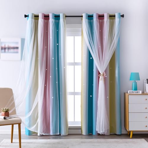 Image of indistar Kids Curtains for Girls Bedroom Aesthetic Decor Colorful Double Layer Star Cut Out Stripe Pink Rainbow Window Wall Home Decoration Curtain,1 Panel(Green /Pink W52 x L72 inch)