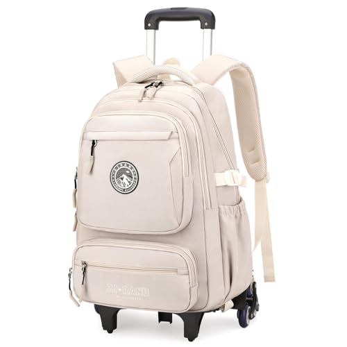 Image of PALAY School Trolley Bag Beige Nylon Trolley School Bags for Boys Girls Waterproof Rolling Backpack for Kids
