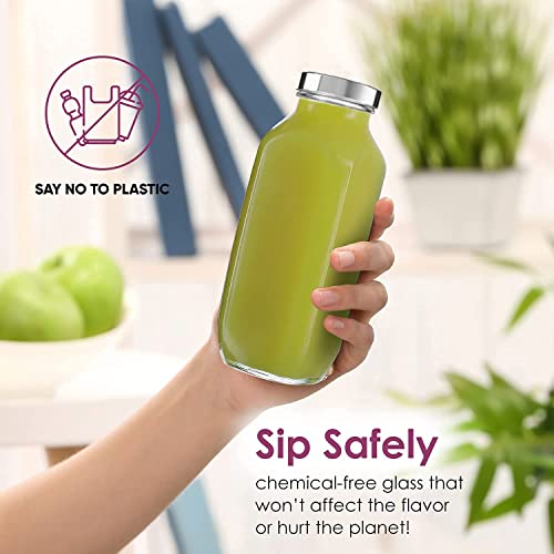 Brezzycloud 500ml French Square Reusable Travel Glass Drinking Fridge Bottle with Metal Silver Lid, Perfect for Home, Travel, Juicing, Water, Smoothie - 500ml - Set Of 4