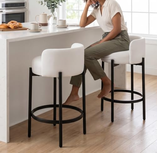 Image of CIMOTA Bar Stools Set of 4, PU Leather Counter Height Barstools with Low Back and Black Thickened Metal Legs, 26 Inch Modern Island Chairs for Kitchen Island, Bar(White, 4Pcs 26 inch Counter Stools)