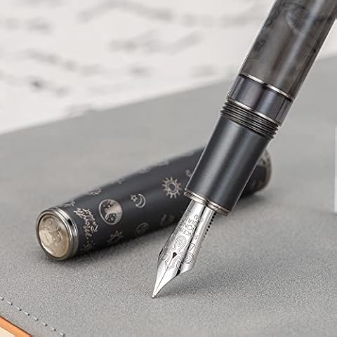 Hongdian N7 Gray Resin Piston Fountain Pen Rabbit Cap, Iridium Medium Nib Classic Pen Smooth Writing Pen with Metal Box Cover