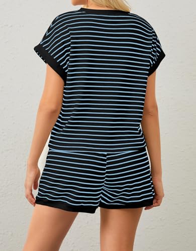 Image of MISSACTIVER 2 Piece Lounge Set Women Stripe Knit Short Sleeve Tee Shirts Shorts Casual Summer Loungewear Shorts Sets