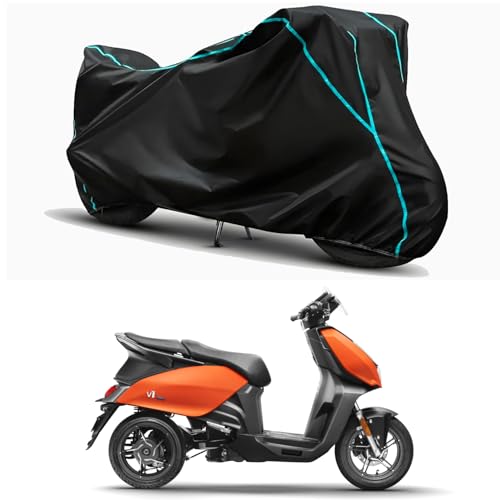 Image of Waterproof Bike Body Cover Compatible for | Hero Vida V1 | Taffeta Fabric, Sky Piping Design, Bottom Elastic Fit | Dustproof, Sun UV & Rain Protection for All Weather.