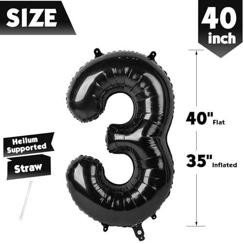 Image of 40 Inch Black Number 3 Balloon Birthday Party Decorations for Men & Women | 40 Inch Black inflatable foil number balloons, large birthday decorations for 3rd birthday