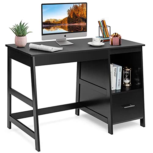 Computer Desk, Wooden Writing Table, 120 x 50cm Spacious Desktop & 2 Storage Drawers & 1 Open Shelf, Modern Home Office Desk with Footrest, Multipurpose Computer Workstation Study Desk, for Study Room, Bedroom, White/Black (Black)
