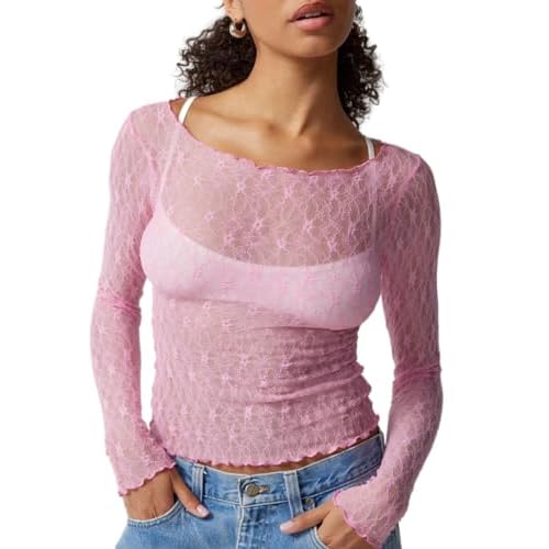 PAODIKUAI Women's Mesh Top Crew Neck Lace Tops See Through Shirt Sheer Top Sexy Blouses lace Layering top Small Pink