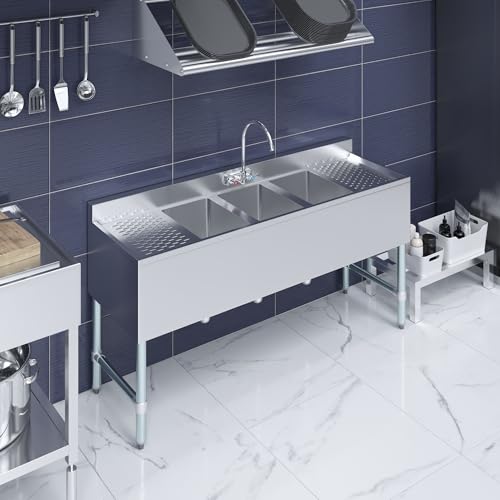Image of AmGood 60 in. x 19 in. Three Bowl Commercial Underbar Sink with Two Drainbaords, NSF Approved