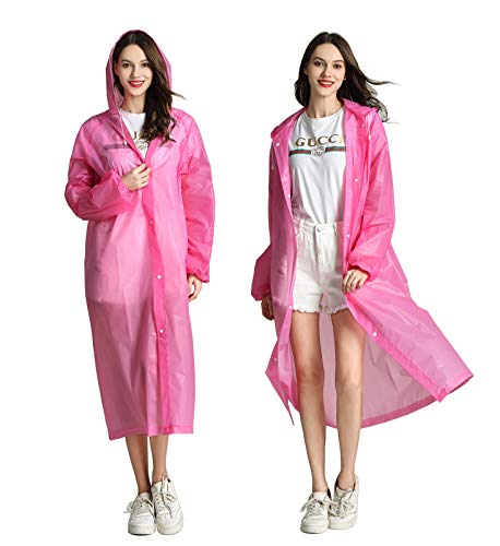 HLKZONE Raincoat, [2 Pack] Portable EVA Rain Coats Reusable Rain Poncho with Hood and Elastic Cuff Sleeves, Pink