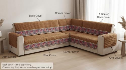 Image of KINGLY L-Shape Sofa Cover 6 Seater 3+3 Velvet Full Cover - Royal Gold Mint | Fully covered quilted velvet slipcover, washable anti-slip furniture protector, L-type corner sofa cover for living room