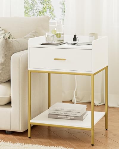Image of Masupu Nightstand with Charging Station, 3-Tier Modern Bedside Night Stand with Storage Drawer and Shelf, Large End Side Table for Bedroom, Living Room,White