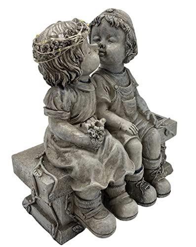 Stone Effect Kissing Kids on Bench 21cm Resin Garden Ornament, Boy and Girl Garden Ornaments Outdoor - Image 3