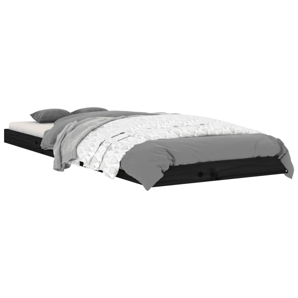 Cama individual de madera maciza de pino, color negro, 75 x 190 cm, con somier de láminas robusto, estructura de madera de pino maciza, ideal para habitaciones juveniles y espacios pequeños