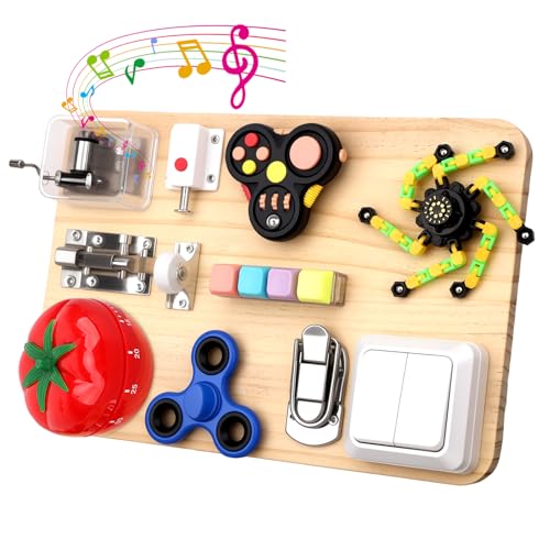 Image of Fidget Spinner Pad Busy Board Toys Robot Fidget Spinner Music Box Switch Latches Keyboard Sensory 11 in 1 Wooden Montessori Travel Activity Board Focus Toy Motor Skills Gift for Girls Boys