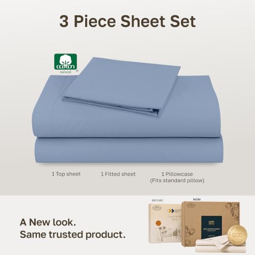 Image of Soft Natural 100% Cotton Sateen Twin Bed Sheets, 3 Pc Set, Blue Hydrangea