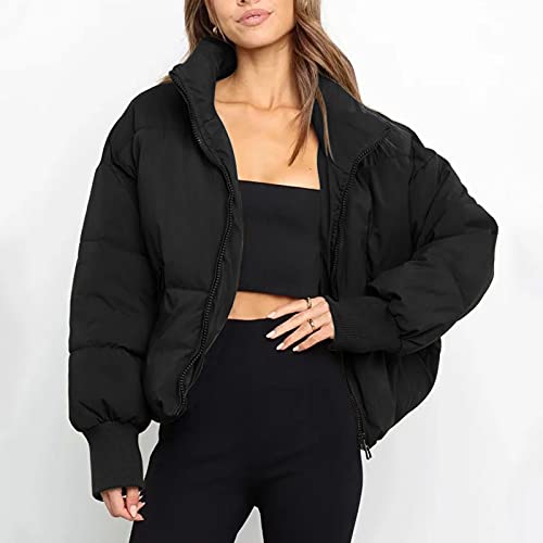 Lapirek Damen Puffer Jacke Kurz Schwarz Beige Winter Warm Gesteppte Dicke Winterjacke Winter Warm Ubergangs Damen-Jacken Outdoor Langarm-Baumwolljacke Jacken füR Damen, L