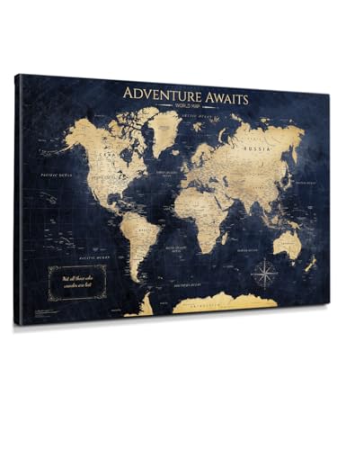 Image of IPIC - World Map Canvas Painting for Wall Decor, Pinnable World Map to Mark Travels, World Travel Map Print for Home, Office, Study, and RV, Ready to Hang