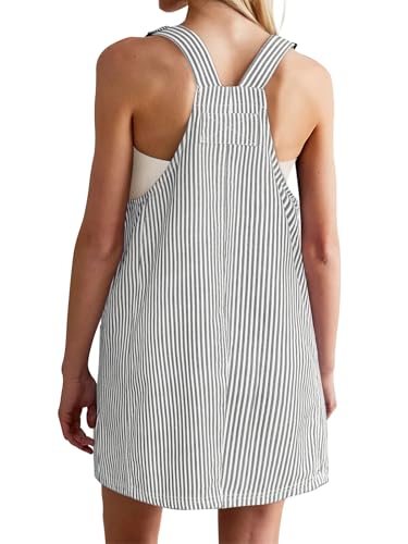 Image of Yousify Womens Casual Denim Dress Summer Striped Overalls Romper Adjustable Straps Sleeveless Jean Dresses with Pockets