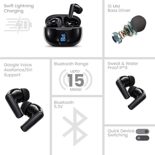 Image of Vynk TWS Bluetooth 5.3 Earbuds, 25H Total Playtime, LED Battery Display, Type-C Fast Charging, IPX5 Water Resistance, Touch Controls, Voice Assistant Support, Wireless Earphones with Mic | 25H Total Playtime, LED Battery Display, Type-C Fast Charging, IPX5 Water Resistance, Touch Controls