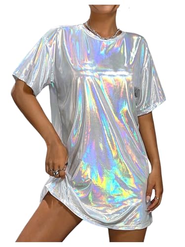 SHENHE Women's Y2k Shiny Holographic Short Sleeve Metallic Party Disco Oversized Tshirt Dress