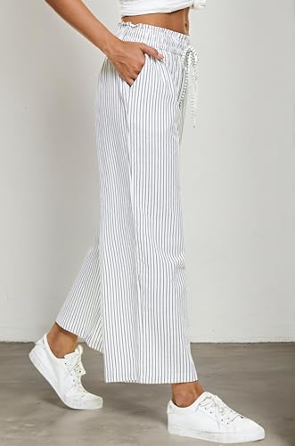 Image of LNX Womens Linen Capri Pants Wide Leg High Waisted Drawstring Casual Cropped Pants with Pockets