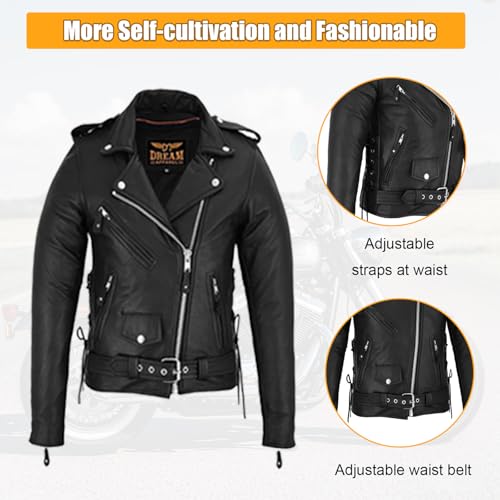 GARGOYLE BELLS Womens Motorcycle Jacket Classic Cowhide Leather Jacket with Lace Sided Leather Biker Coat for Women2