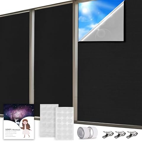 MODESLAB 70" x 57" Portable Blackout Curtains, 100% Blackout Shades Window Cover Film No Drill Self-Adhesive Blinds Screen for Bedroom Baby Nursery RV Travel, Black Cover