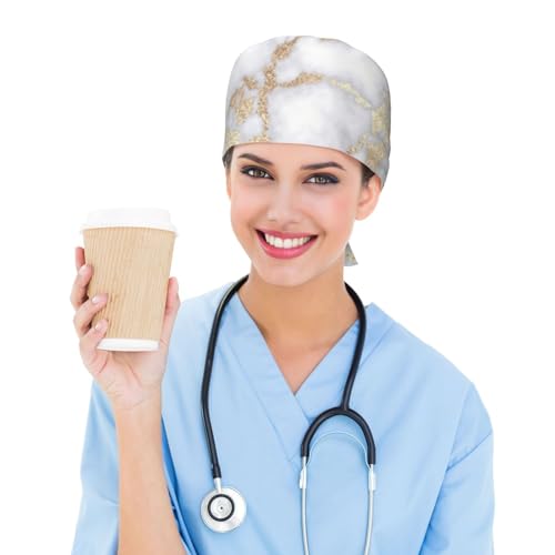 Image of Cute Pug Dog Print Working Cap Scrub Cap with Sweatband,Adjustable Fashion Bandage Tie Back Hat Headwear for Women Men