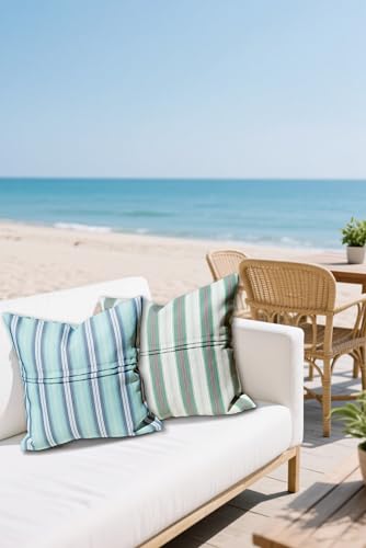 XINDAOYUAN Pack of 2 Outdoor Waterproof Pillow Covers 18x18 Coastal Hampton Style Decorative Outdoor Throw Pillows Garden Square Cases for Patio Furniture, Couch, Bench, Green and White Striped - Image 2
