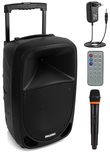 Pyle Sistema de Altavoces,PA,1000W,Subwoofer 10”,Bluetooth,Portatil,Recargable,Karaoke,Interiores,Exteriores,MP3/USB/SD,Micrófono inalambrico UHF,Luces indicadoras de bateria LED,Control Remoto,Negro