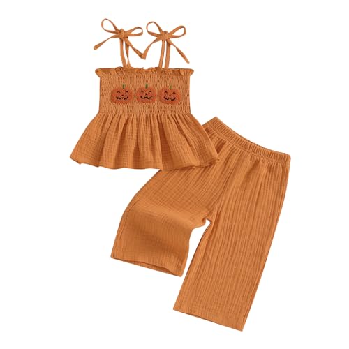 Halloween Toddler Baby Girl Outfit Pumpkin Smocked Strap Tank Top Dress Wide Leg Pants Set Kids Girl Halloween Clothes