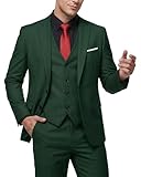 MY'S Conjunto de traje ajustado de 3 piezas para hombre, chaqueta de dos botones, chaleco, pantalones, corbata, vestido de novio, liso, esmoquin y pantalones, Verde Oscuro, X-Large