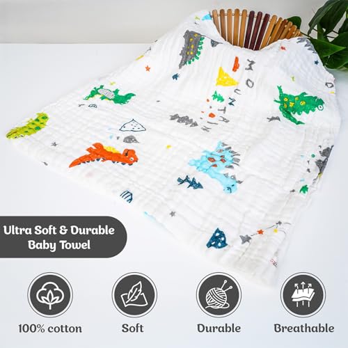 Image of Muslin Bath Towel for Babies - 6 Layer Premium Cotton, Super Soft, Breathable & Highly Absorbent, Gentle on Sensitive Skin for Kids Boys and Girls(105 * 50 CM, Dinosaurs)