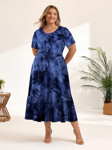 Image of LARACE Plus Size Dresses for Women Summer Casual Short Sleeve Long Dress Flowy Maxi Beach Dresses with Pockets L-6XL