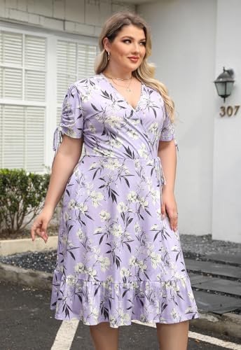 Image of Keluummi Plus Size Summer Wedding Guest Midi Dresses for Curvy Women, Floral V Neck Party Sundress