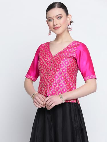 Image of studio rasa Women's Silk Blend Block Printed Button Down Readymade Top for Wedding Festive Party