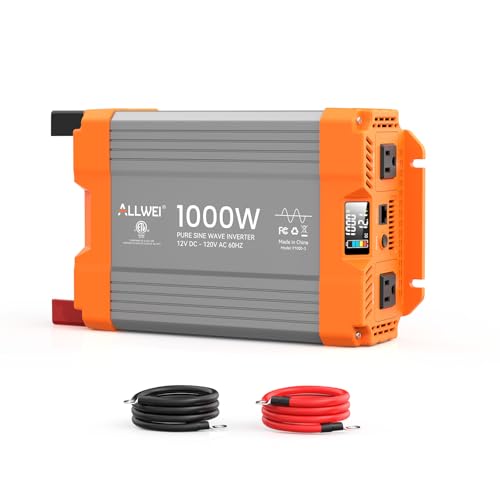 Image of ALLWEI Pure Sine Wave Inverter - 1000 Watt Inverter 12V DC to 120V AC Converter for Home, RV, Truck, Off-Grid Solar Power Inverters for Vehicles, Car Power Inverters with 2 Sockets, 2000W Peak