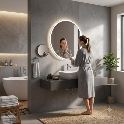 Image of Round Circle Bathroom LED Mirror Backlit with 3 LED Lights Smart Touch Switch Wall Mounted Vanity Mirror with Demister Defogger Dimmable Warm White Natural Light Simple Border Design