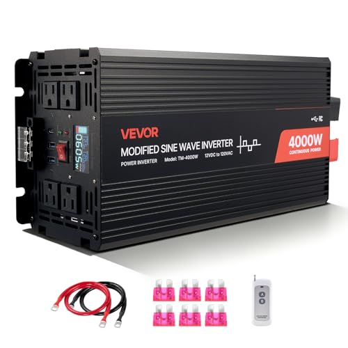 VEVOR 4000W Power Inverter, 12V DC to 120V AC Modified Sine Wave Inverter, Solar Car Charger...