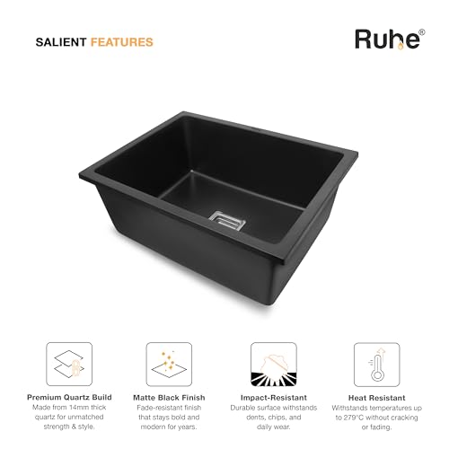 Ruhe® Matte Black Quartz Single Bowl Kitchen Sink - 21x18x9 inches | Noise-Reducing, Durable & Scratch-Resistant Kitchen Sink | Granite Sink with Vegetable Washing Basket, Coupling and Waste Pipe