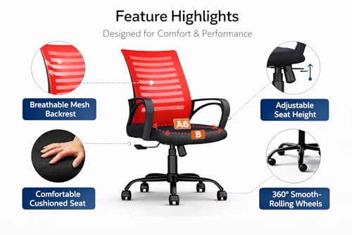 Image of Ergonomic 360 Swivel Office Chair for Home & Office Work with Back Support |Tilting & Height Adjustable Mechanism | Revolving Computer Chair for Home Study Use (Red)
