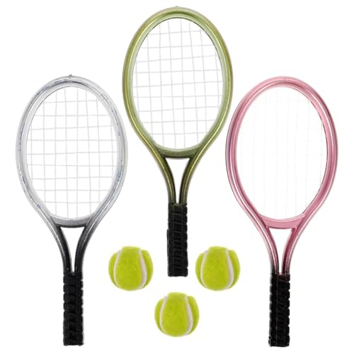 Ausi 3 juegos de adornos de raqueta y pelota de tenis en miniatura para decorar tartas, llaveros DIY, exhibiciones para casas de muñecas, recuerdos deportivos y decoración de fiestas.