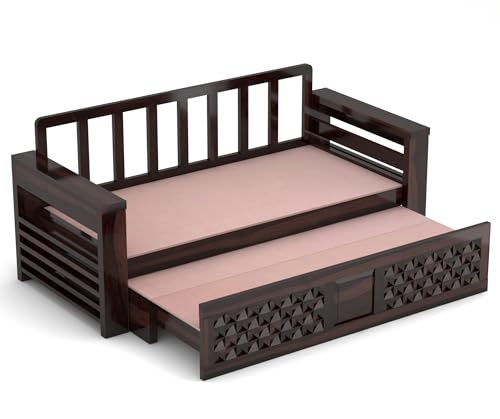 Image of Solid Wood Sofa Cum Bed for Living Room | Wooden Pull-Out Sofa Bed with Carved Front Design | Modern 3 Seater Convertible Diwan Bed for Home & Guest Room (Walnut Finish)