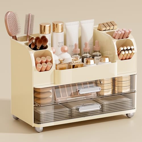 UFORU Makeup Organizer for Vanity with 2 Large Drawers, Cosmetic Display Case with Brush Holders,...
