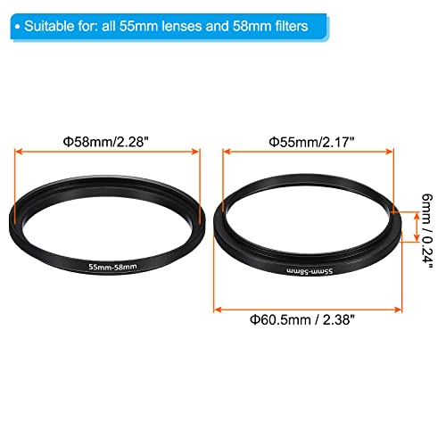 Image of PATIKIL 55mm-58mm Metal Step Up Ring, 2 Pack Camera Lens Filter Adapter Ring Aluminum Filter Adapter Ring for Camera Lenses Hood, Black