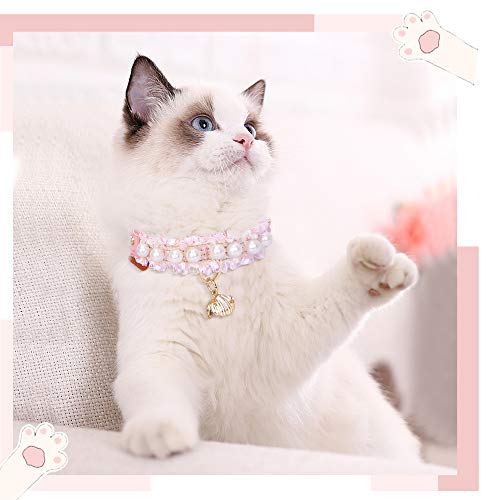 Image of Premium PU Leather Cat and Dog Collar with Shell Pendant - Adjustable, Cute Pearl, Beautiful Lace, Small Pink