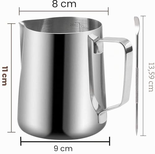 Pichet à mousser le lait en acier inoxydable 304 - à mousse de lait de 600 ml - à expresso - Accessoire de machine à expresso avec stylo Art déco pour cappuccino-Argenté – vue 2