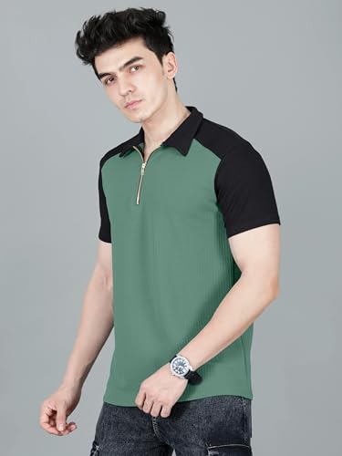 Image of London Hills Men's Loose Fit Half Sleeve Color Block Polo T-Shirt with Zip Collar | Premium Polyester Fabric | T Shirt for Man | Tshirt | Shirts Men | Tshirt for Man | Men T-Shirts