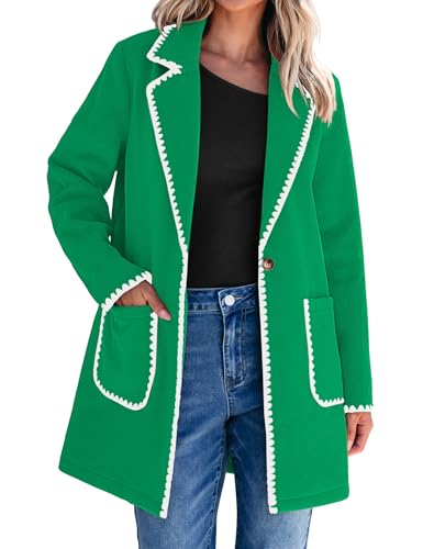 luvamia Pea Coats for Women Trendy Embroidered Contrast Trim Long Peacoat Jackets Lapel Button Winter Coat with Pockets