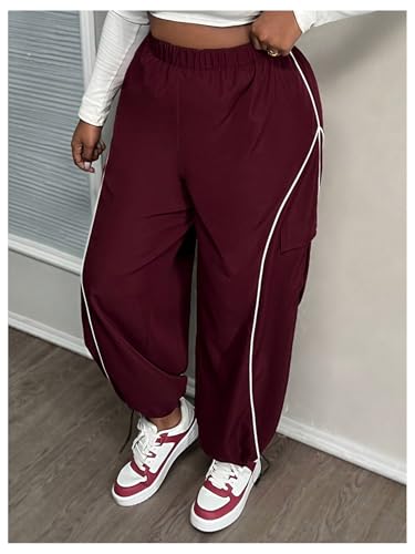 OYOANGLE Women's Plus Size Contrast Binding Cargo Pants Elastic Waist Wide Leg Baggy Parachute Trousers3
